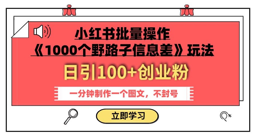 小红书批量操作《1000个野路子信息差》玩法，一分钟制作一个图文，不封号，日引100+创业粉-网创先锋