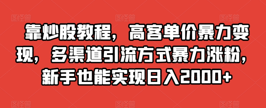 靠炒股教程，高客单价暴力变现，多渠道引流方式暴力涨粉，新手也能实现日入2000+【揭秘】-网创先锋