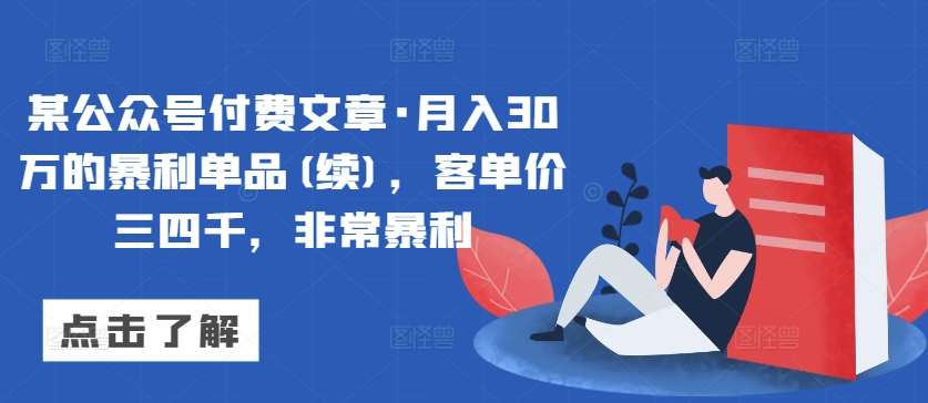 某公众号付费文章·月入30万的暴利单品(续)，客单价三四千，非常暴利-网创先锋