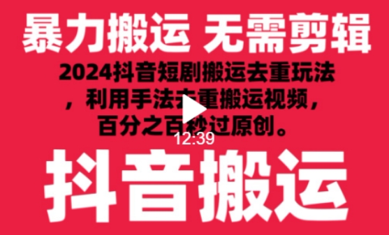 2024最新抖音搬运技术，抖音短剧视频去重，手法搬运，利用工具去重，达到秒过原创的效果【揭秘】-网创先锋
