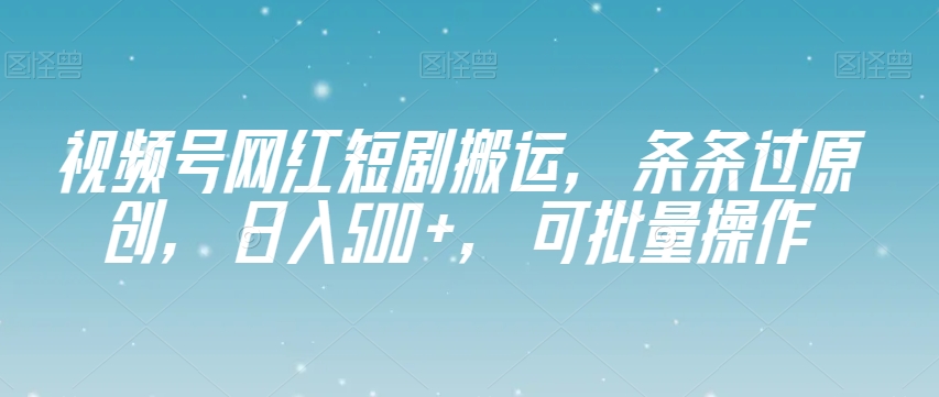 视频号网红短剧搬运，条条过原创，日入500+，可批量操作【揭秘】-网创先锋
