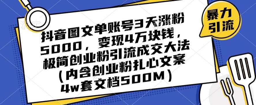 抖音图文单账号3天涨粉5000，变现4万块钱，极简创业粉引流成交大法-网创先锋