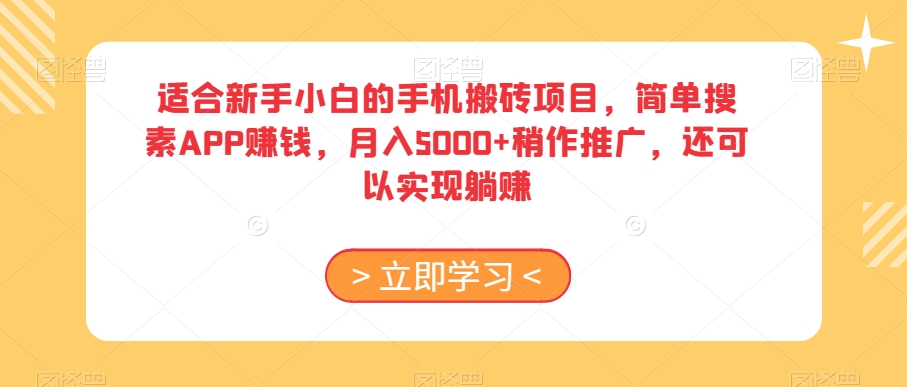 适合新手小白的手机搬砖项目，简单搜素APP赚钱，月入5000+稍作推广，还可以实现躺赚【揭秘】-网创先锋