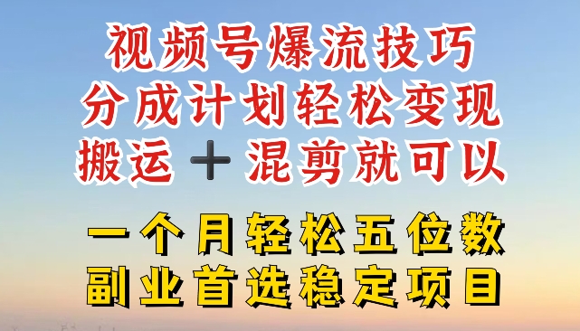 视频号爆流技巧，分成计划轻松变现，搬运 +混剪就可以，一个月轻松五位数稳定项目【揭秘】-网创先锋