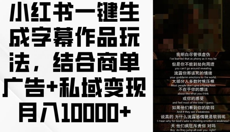 小红书一键生成字幕作品玩法，结合商单广告+私域变现月入1w+【揭秘】-网创先锋