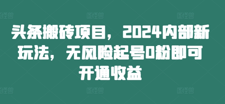 头条搬砖项目，2024内部新玩法，无风险起号0粉即可开通收益-网创先锋