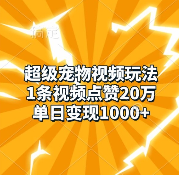 超级宠物视频玩法，1条视频点赞20万，单日变现1k-网创先锋