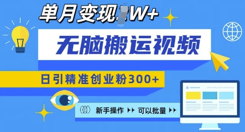 无脑搬运视频号可批量复制，新手即可操作，日引精准创业粉300+，月变现过W 【揭秘】-网创先锋
