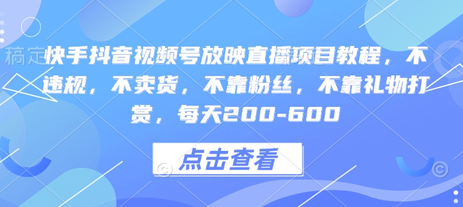 快手抖音视频号放映直播项目教程，不违规，不卖货，不靠粉丝，不靠礼物打赏，每天200-600-网创先锋