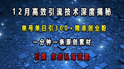 最新高效引流技术深度揭秘 ，单号单日引300+精准创业粉，一分钟一条原创素材，引爆你的私域流量-网创先锋