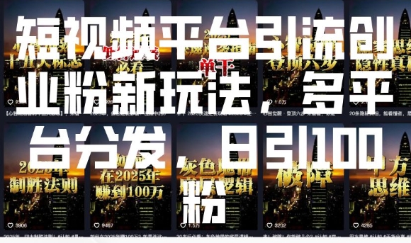 短视频平台引流创业粉新玩法，多平台分发，日引100粉-网创先锋