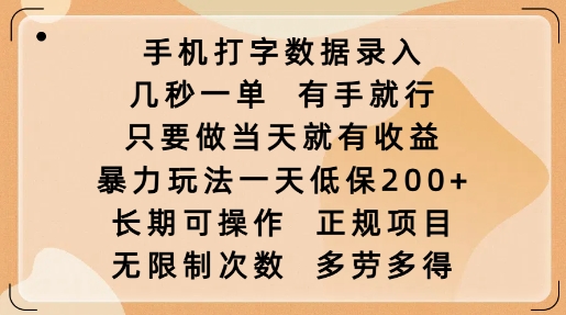 手机打字数据录入，几秒一单，有手就行，只要做当天就有收益，暴力玩法一天低保2张-网创先锋