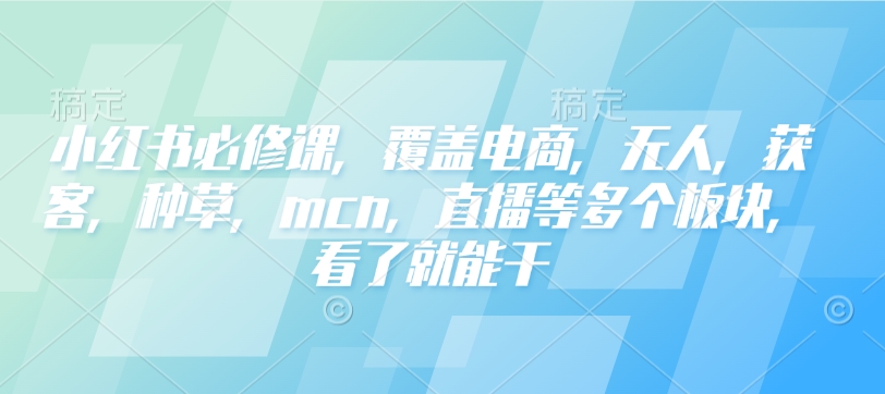 小红书必修课，覆盖电商，无人，获客，种草，mcn，直播等多个板块，看了就能干-网创先锋