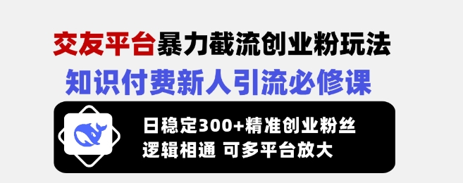 交友平台暴力截流创业粉玩法，知识付费新人引流必修课，日稳定300+精准创业粉丝，逻辑相通可多平台放大-网创先锋