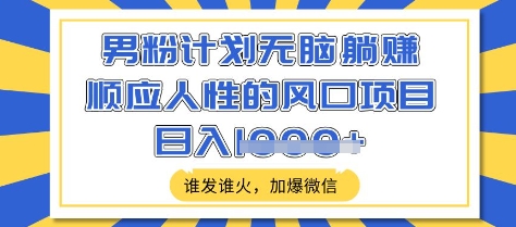 男粉计划无脑躺Z，顺应人性的风口项目，谁发谁火，加爆微信，日入多张【揭秘】-网创先锋