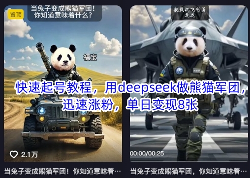 快速起号教程，用deepseek做熊猫军团，迅速涨粉，单日变现8张-网创先锋