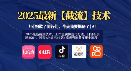 2025最新截流技术，工作室实操迭代打法，日轻松引粉300+，抖音+小红书+B站+视频号流量实操全流程-网创先锋