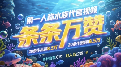 第一人称水族代言视频，条条万赞，20条作品涨粉7.8W，多种变现方式月入五位数-网创先锋