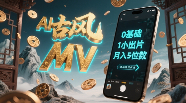 AI一键生成古风音乐MV，0剪辑基础1小时出片，多种变现渠道，一部手机月入5位数-网创先锋