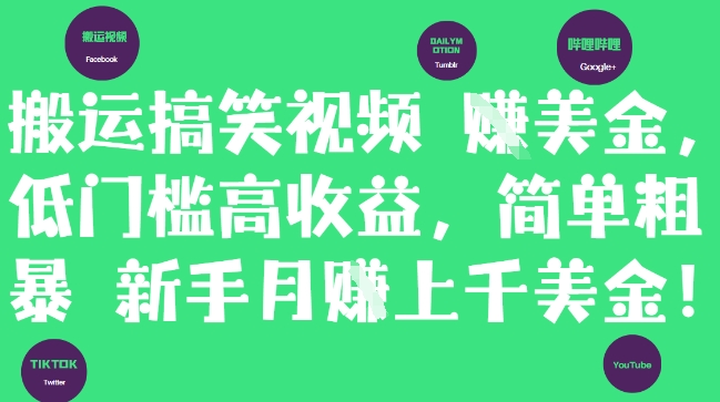 搬运搞笑视频挣美金，低门槛高收益，简单粗暴新手月入上千美刀-网创先锋