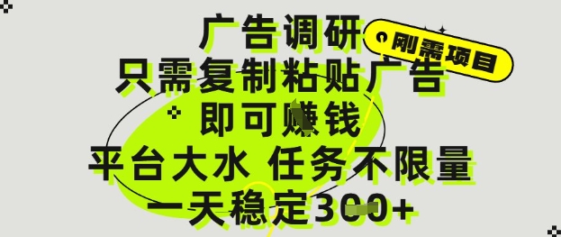 广告调研项目，只需复制粘贴广告即可挣钱，平台大水，任务不限量，一天3张【揭秘】-网创先锋