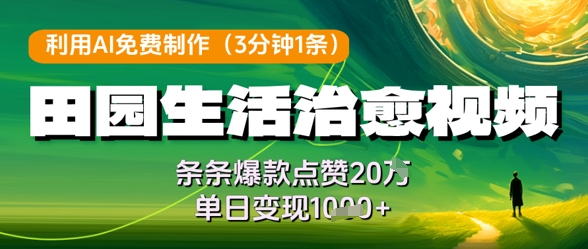利用AI免费制作田园生活治愈视频，条条爆款点赞20W，单日变现几张-网创先锋