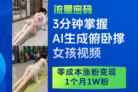 3分钟掌握AI生成俯卧撑女孩视频，零成本涨粉变现，1个月1W粉-网创先锋