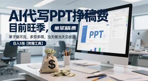 AI代写PPT挣稿费，目前旺季，单子做不完，多劳多得，当天做当天见收益，日入5张【附赠工具】-网创先锋