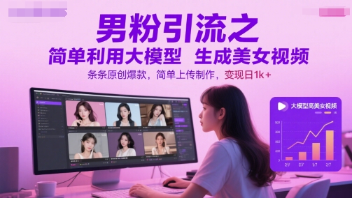 男粉引流之简单利用大模型生成美女视频，条条原创爆款，简单上传制作，变现日1k+-网创先锋