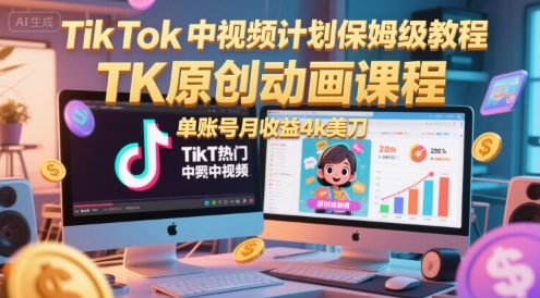 TikTok中视频计划保姆级教程，TK原创动画课程，单账号月收益4k美刀-网创先锋