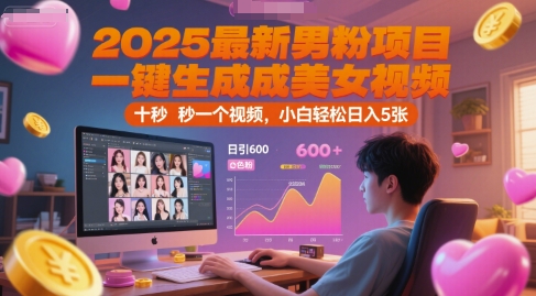 2025最新男粉项目，一键生成美女视频，日引600+色粉 十秒一个视频，小白轻松日入5张【揭秘】-网创先锋