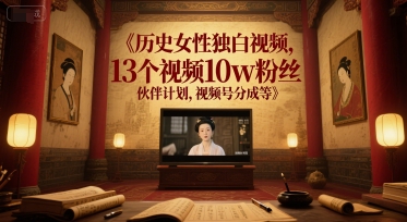 历史女性独白视频，13个视频10w粉丝，伙伴计划，视频号分成等-网创先锋