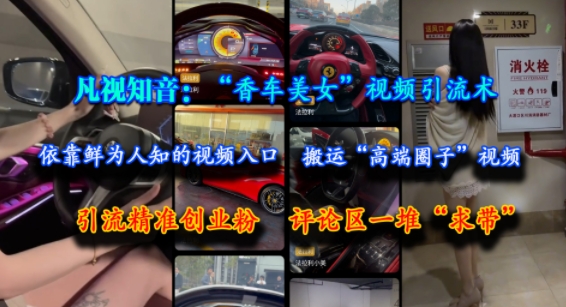 凡视知音：“香车美女”视频引流术，依靠鲜为人知的视频入口，搬运“高端圈子”视频，引流精准创业粉，评论区一堆“求带”-网创先锋