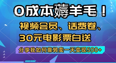 0成本薅羊毛!视频会员、话费卷、30元电影票白送，分享我如何靠转卖一天变现5张+【揭秘】-网创先锋