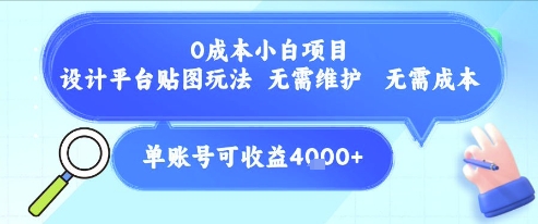 0成本小白项目，设计平台贴图玩法，无需维护，无需成本，单账号单月可产生收益4k+-网创先锋