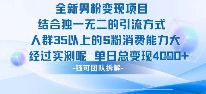 全新男粉变现项目引流人群35以上的男粉消费能力大 经过实测单日变现1k+-网创先锋