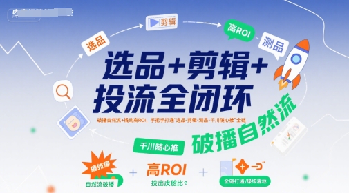 选品+剪辑+投流全闭环，破播自然流+撬动高ROI，手把手打通“选品-剪辑-测品-千川随心推”全链-网创先锋