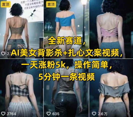 全新赛道，AI美女背影杀+扎心文案视频，一天涨粉5k，操作简单，5分钟一条视频-网创先锋