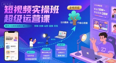短视频实操班超级运营课，新手小白到短视频大神必修课程，剪辑-拍摄-运营-直播-变现-网创先锋