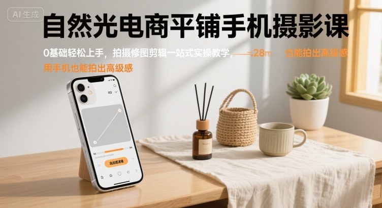 自然光电商平铺手机摄影课，0基础轻松上手，拍摄修图剪辑一站式实操教学，用手机也能拍出高级感-网创先锋