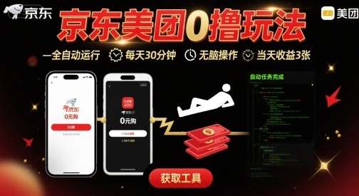 京东美团平台最新0撸玩法，全自动挂G，每天30分钟，无脑操作，当天收益3张【揭秘】-网创先锋
