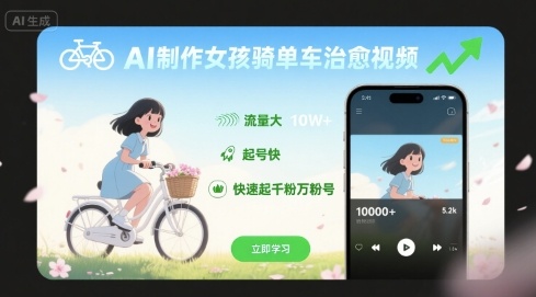 AI制作女孩骑单车治愈视频，流量大，起号快，快速起千粉万粉号-网创先锋