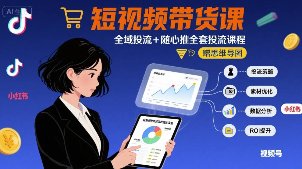 最新短视频带货课，全域投流+随心推全套投流课程+思维导图-网创先锋