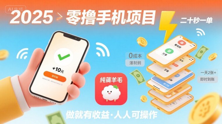 2025年零撸手机项目，二十秒一单，纯薅羊毛 一天2张+做就有【揭秘】-网创先锋