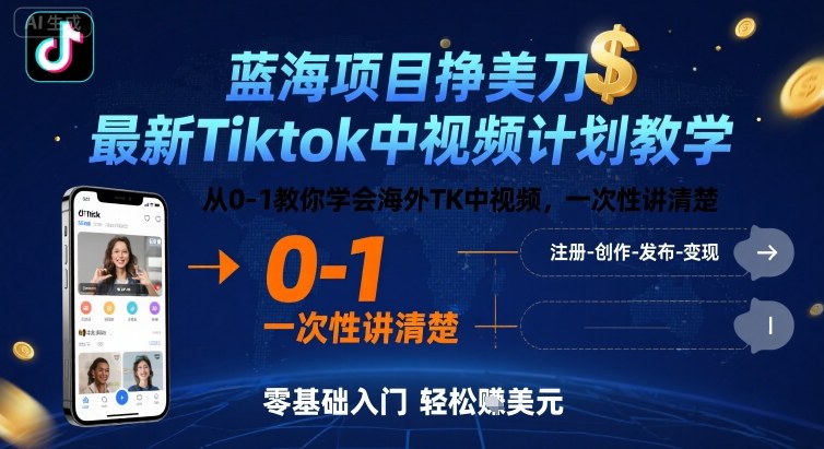 蓝海项目挣美刀，最新Tiktok中视频计划教学，从0-1教你学会海外TK中视频，一次性讲清楚-网创先锋