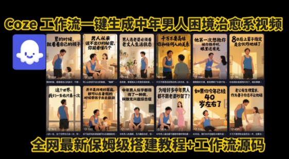 coze工作流一键生成”中年男人困境扎心高涨粉高播放量图文视频”保姆级拆解教程，无需剪辑，无需拍摄写文案-网创先锋