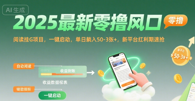 2025最新零撸风口，阅读挂G项目，一键启动，单日躺入 50-3张+，新平台红利期速抢【揭秘】-网创先锋