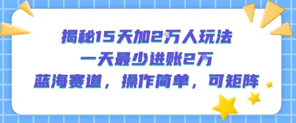 揭秘15天加2W人玩法，一天最少2万进账，蓝海赛道，操作简单，可矩阵-网创先锋