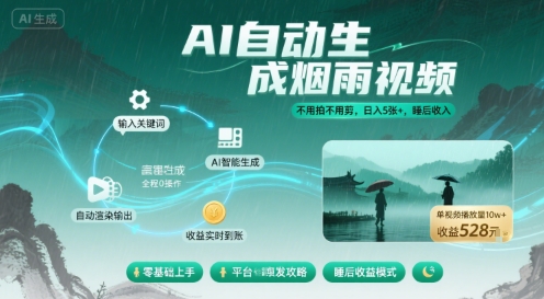 不用拍不用剪！AI自动生成烟雨视频，日入5张+，睡后收入-网创先锋