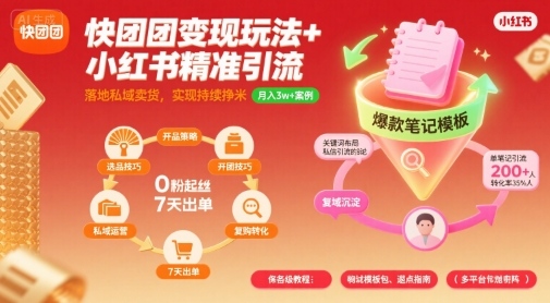 快团团变现玩法+小红书精准引流技巧，助你真正落地私域卖货，实现持续挣米-网创先锋
